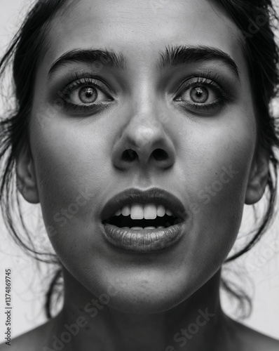 Surprised woman, white background emphasizing spontaneous emotion