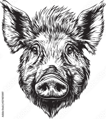 Wild boar head illustration with detailed fur and expressive eyes in black and white. Vector illustration