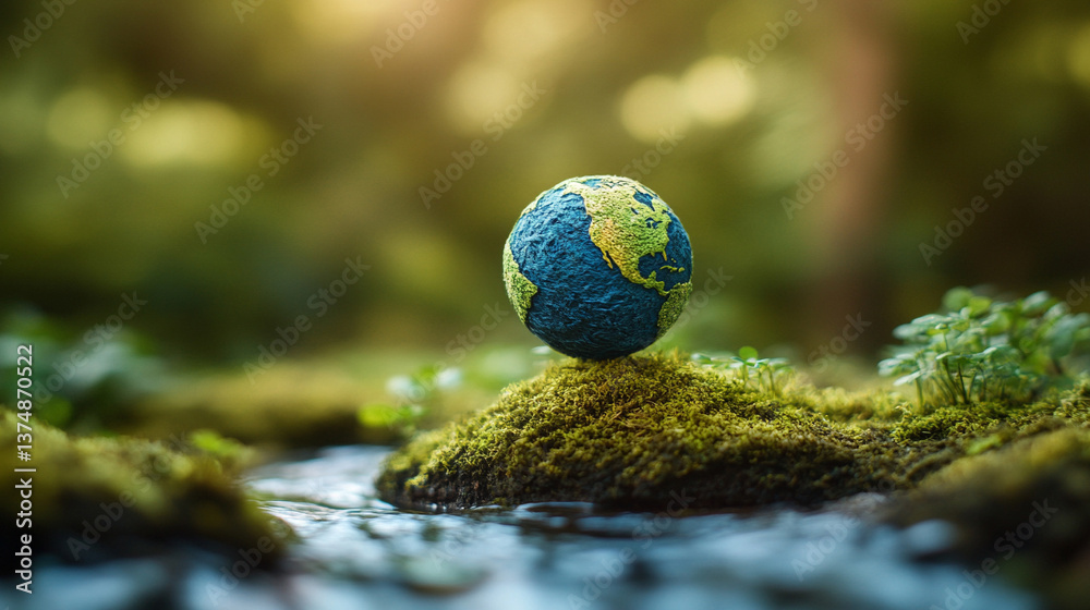 A miniature planet with a lush green landscape, a winding river, and rocky outcrops symbolizes harmony, sustainability, and interconnectedness, representing balance between nature, life, and modern pr A miniature planet with a lush green landscape, a winding river, and rocky outcrops symbolizes harmony, sustainability, and interconnectedness, representing balance between nature, life, and modern pr
