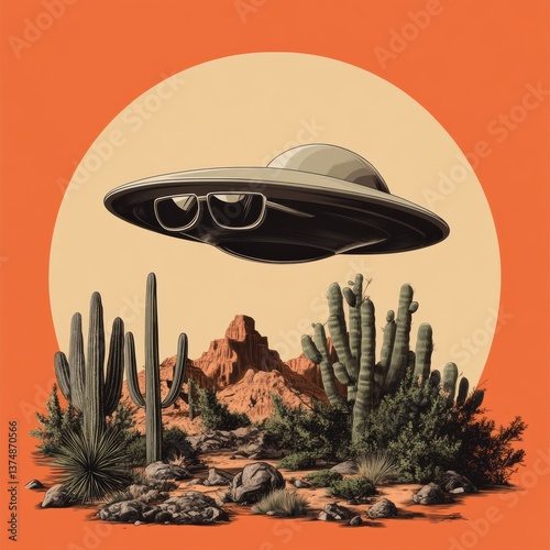 Funny UFO Character With Sunglasses Floating Above Desert Cacti in Vibrant Design Generative AI