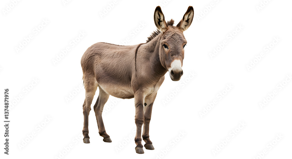 Fototapeta premium Standing Donkey Isolated on White Background Looking at the Camera