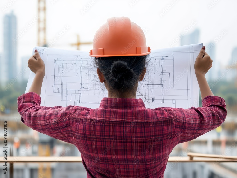 Back view of female pofessional engineer analyzing blueprint at construction site Civil engineer inspecting blueprint at infrastructure development