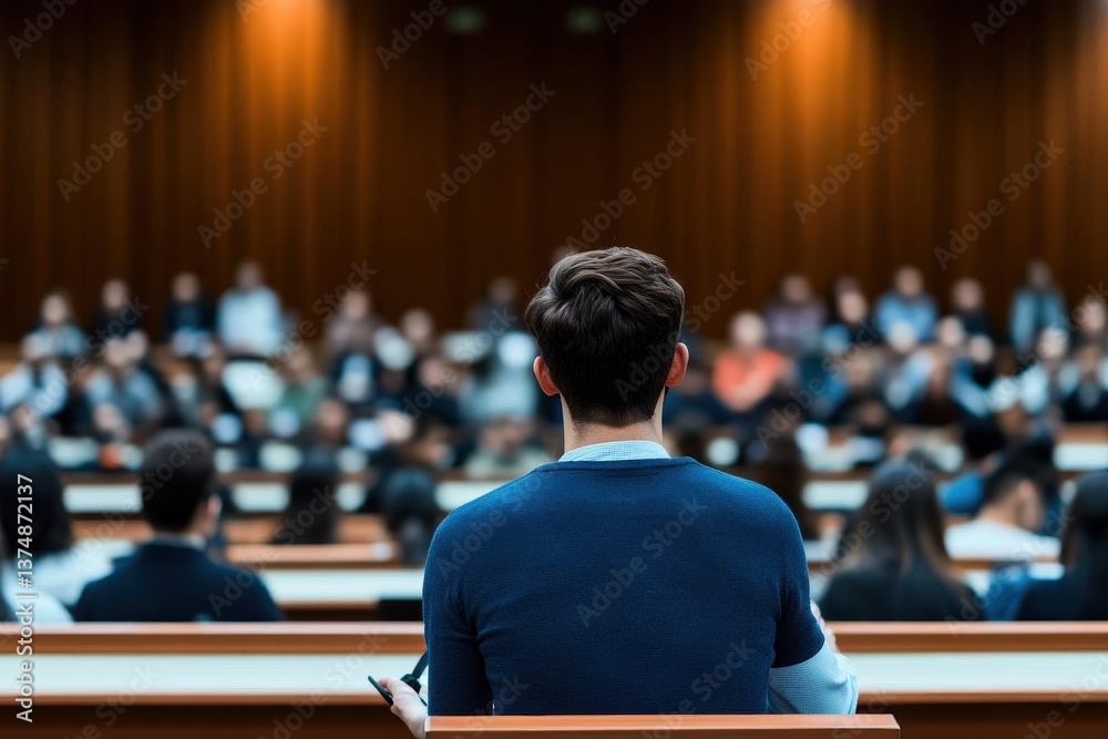 back view of people in audience at the conference hall, Speaker giving a talk in conference hall at business event