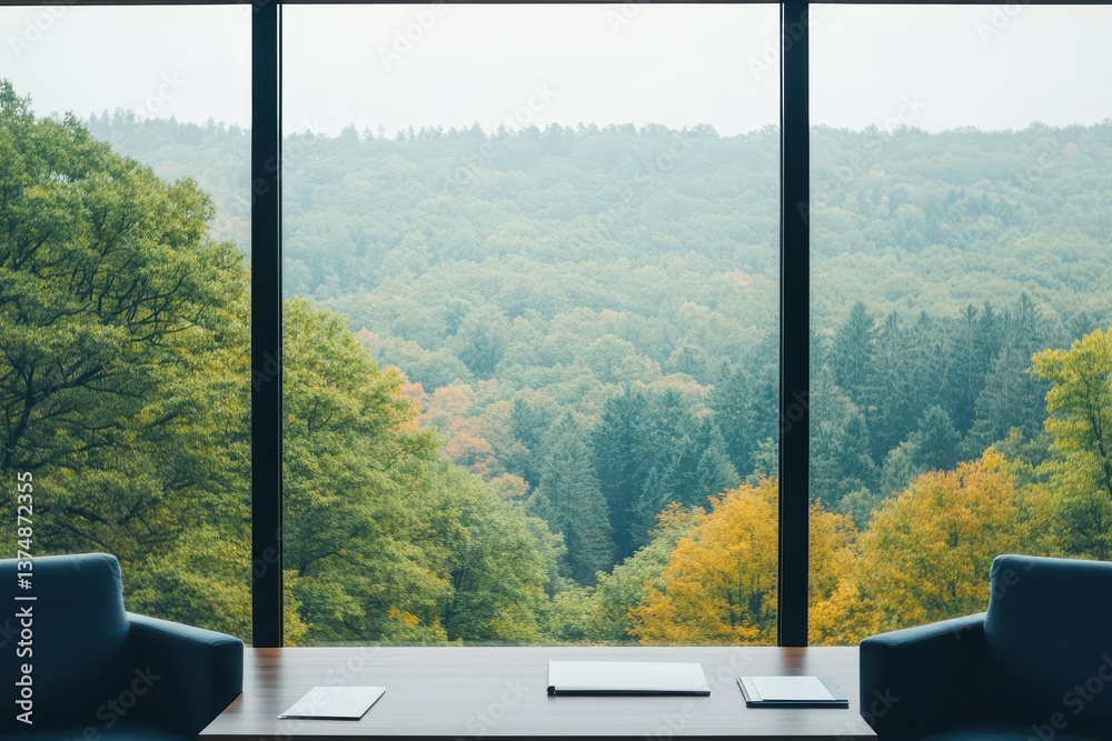 Background for online webinars and virtual room meetings a scenic forest room with a home office study setup and a window view of trees and forest, perfect for team video calls