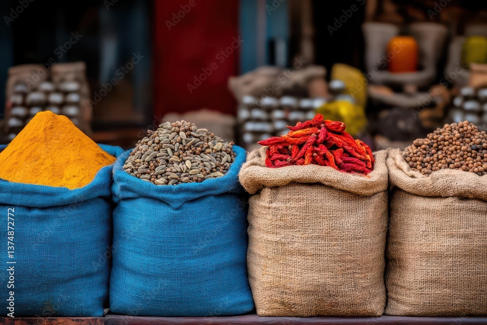 Bags and sacks with spices, seeds, roots for sale at local market in Bikaner India