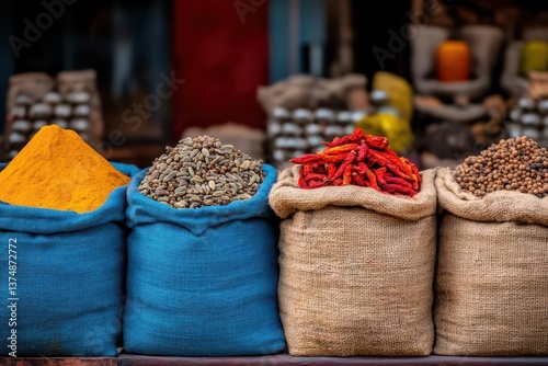 Obraz na płótnie Bags and sacks with spices, seeds, roots for sale at local market in Bikaner India w salonie