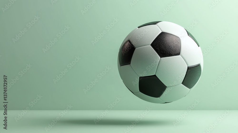 Obraz premium A classic soccer ball with black pentagons hovers against a soft green backdrop in a studio.