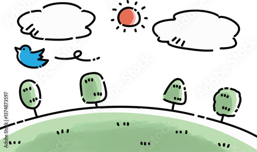 青い鳥が飛ぶシンプルな自然風景のイラスト