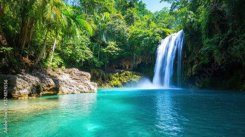 A serene tropical landscape featuring a waterfall cascading into a turquoise pool, surrounded by lush greenery and sunlight.
