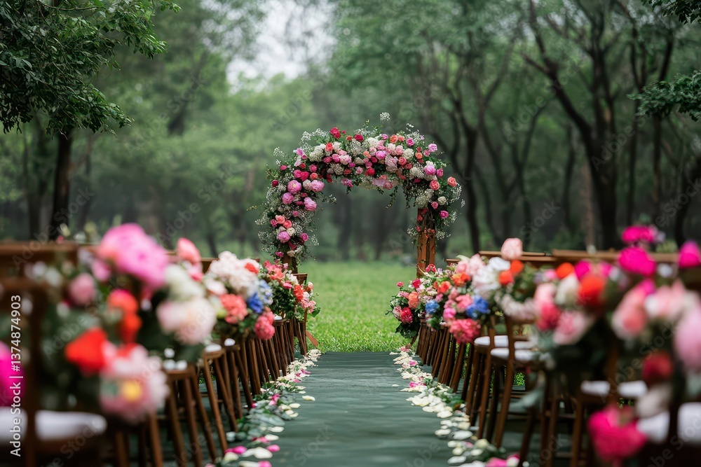 Beautiful outdoor wedding aisle decorated with fresh flowers and wooden chairs leading to arch in scenic forest setting