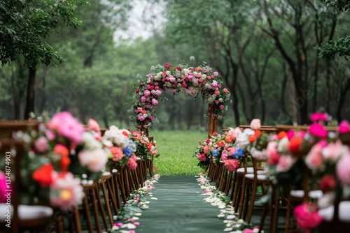 Obraz na płótnie Beautiful outdoor wedding aisle decorated with fresh flowers and wooden chairs leading to arch in scenic forest setting w salonie