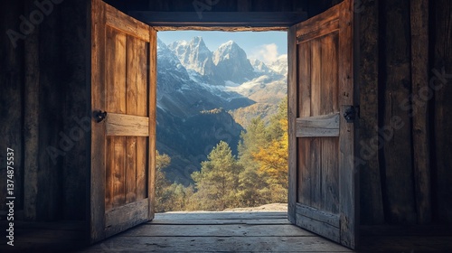 Open door revealing majestic mountain landscape and autumn forest view
