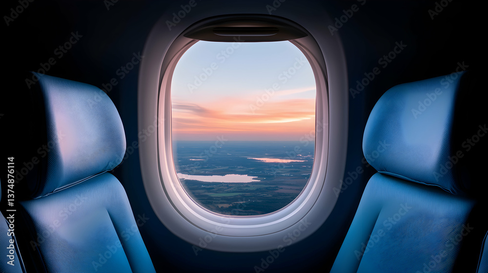 Airplane Window View of Sunset Landscape Airplane Window View of Sunset Landscape