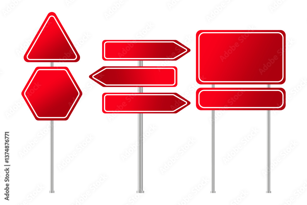 Red sign posts. Direction arrow plates. Multiple blank shapes. Vector roadside markers.