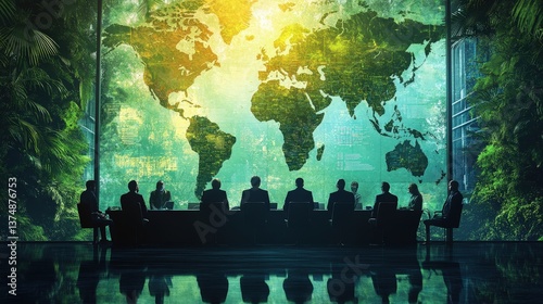 A group of people in a meeting with a large map of the world, surrounded by greenery, suggesting a focus on global issues and environmental discussions.