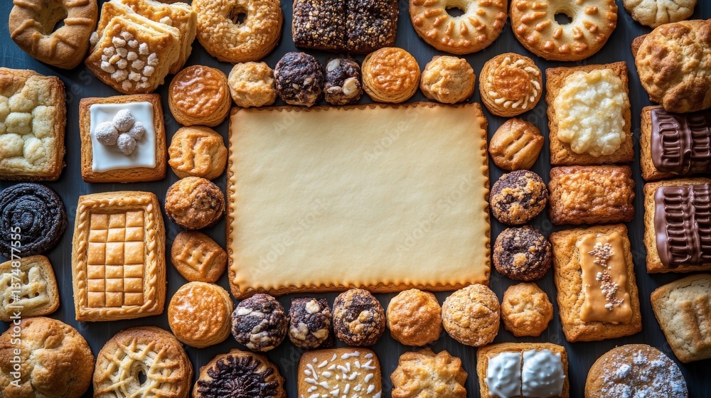 Assorted Cookies and Pastries Framed Around Empty Space for Text Assorted Cookies and Pastries Framed Around Empty Space for Text