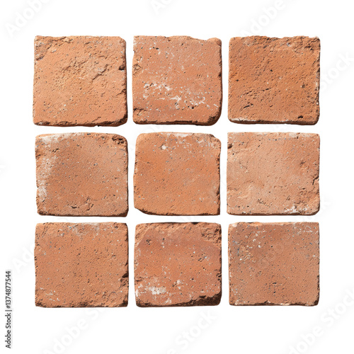 isolated transparent Background. Textured brick tiles arranged in grid pattern, showcasing rustic and natural appearance