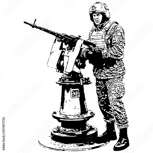 Black and White Ukraine Army Art Ilustration, He refrains from firing and ensures the situation is under control