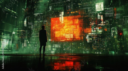 The Enigma of Digital Metropolis: A Silhouette Observing a Glowing Orange Data Wall in a Cyberpunk-Esque Setting