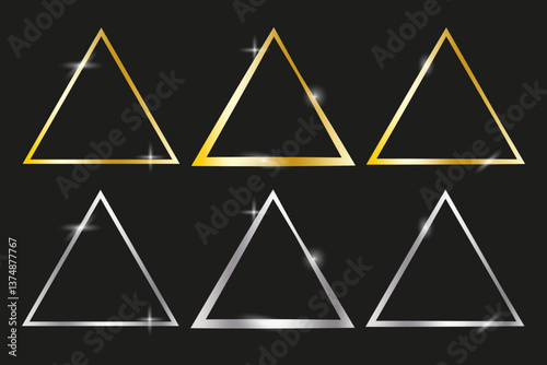 Golden triangle shapes. Silver triangle frames. Sparkling black background. Vector elegance outline.
