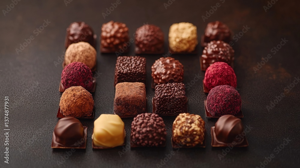 Assorted Gourmet Chocolate Confections on Dark Surface Background Assorted Gourmet Chocolate Confections on Dark Surface Background