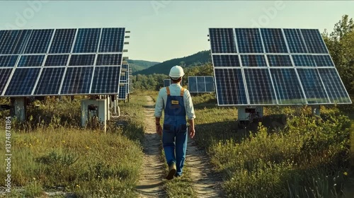 Technician inspects solar panels on a sunny day in a green field.