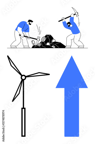 Workers extracting coal with tools, wind turbine symbolizing renewable energy, blue upward arrow denoting growth. Ideal for energy transition, sustainability, future technology, growth, innovation