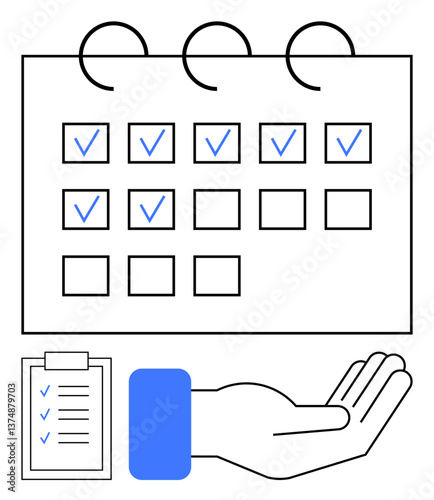 Calendar with marked dates, checklist document, and open hand symbolizing organization, planning, and support. Ideal for productivity, scheduling, teamwork, time management accountability