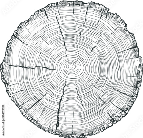 Detailed tree ring illustration showing growth rings and natural cracks. Vector illustration