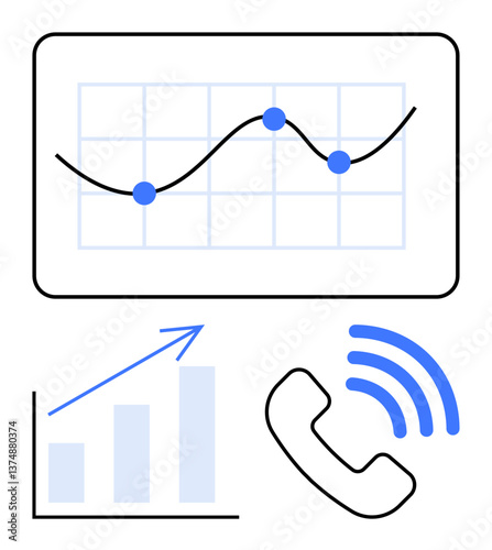 Line graph with data points, bar chart showing growth trend, phone with signal lines. Ideal for analytics, business, communication, strategy, performance, statistics growth ideas in flat simple