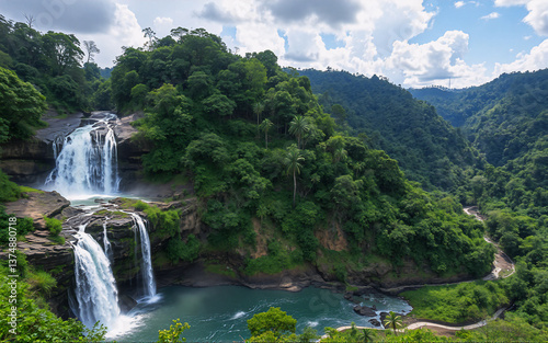 Lush green scenery with a powerful waterfall cascading down rocky tiers into a turquoise pool below, surrounded by dense forest under a cloudy sky.