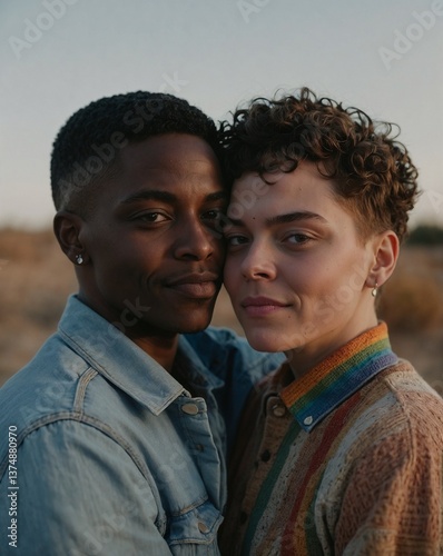 LGBTQ+ couple embracing, neutral background reflecting love and mutual respect