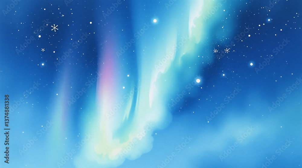 Naklejka premium Vibrant aurora borealis paints the dark blue night sky with shimmering lights, while soft clouds and twinkling stars enhance the celestial scene.