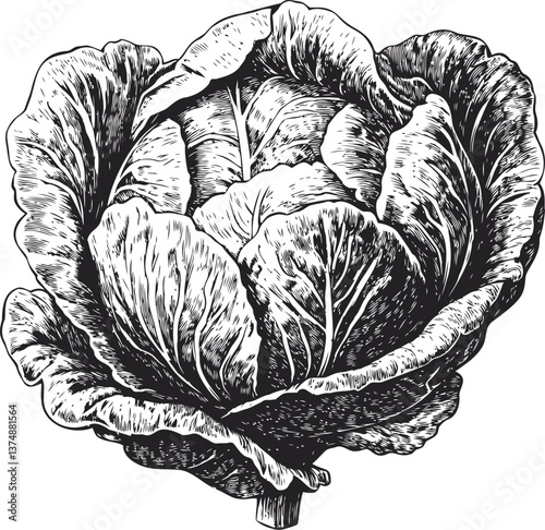 Cabbage in detailed black and white illustration with intricate textures. Vector illustration