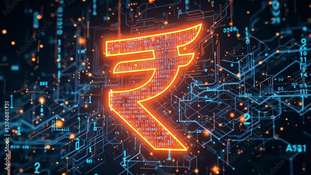 rupee engulfed in digital binary code, symbolizing online banking, cryptocurrency, and the future of indian digital finance