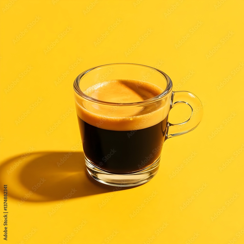 A close-up shot of a glass cup filled with freshly brewed espresso, set against a bright yellow background. A close-up shot of a glass cup filled with freshly brewed espresso, set against a bright yellow background.