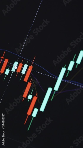 Vertical Video of Stock market or exchange information with data of prices. Financial indexes of companies change up and down over time market wall. Candles graph of crypto currency online