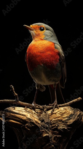 A vibrant robin redbreast perched gracefully on a branch stands out against a black backdrop.