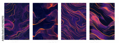 Electric Orange Fluid Lines on a Violet to Midnight Blue Gradient Background Vector Pattern Set Illustration
