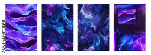 Fluorescent Blue Abstract Waves on a Deep Plum Canvas Background Vector Pattern Set Illustration