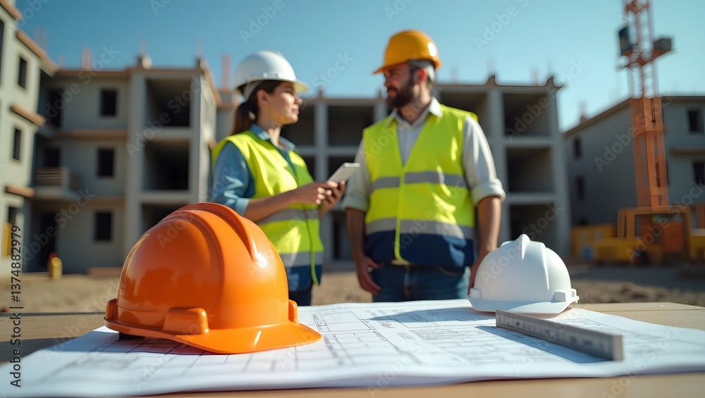 Construction Workers Discussing Project with Helmets and Blueprints in Foreground, Construction engineers discussion with architects at construction site or building site of highrise building Construction Workers Discussing Project with Helmets and Blueprints in Foreground, Construction engineers discussion with architects at construction site or building site of highrise building