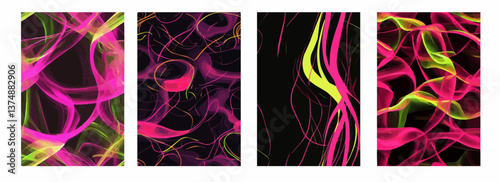 Hot Pink and Neon Lime Curves on a Midnight Black Background Vector Pattern Set Illustration