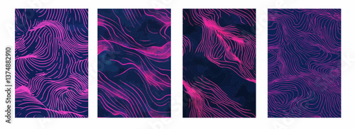 Hot Pink Wavy Lines on a Midnight Blue Background Vector Pattern Set Illustration
