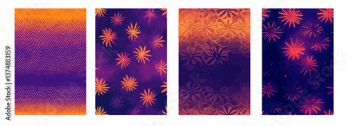 Neon Orange Patterns on a Gradient from Purple to Deep Midnight Background Vector Pattern Set Illustration
