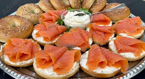 Elegant platter featuring smoked salmon and cream cheese bagels for brunch