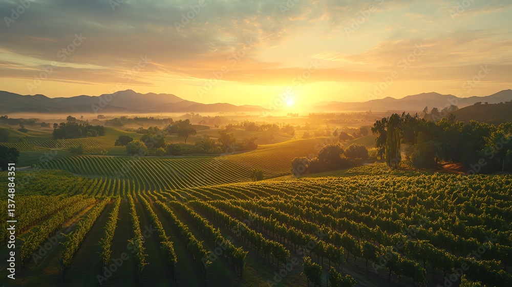 Hot air balloon ride over Napa Valley, California, vast vineyards below, soft morning light, distant hills, peaceful sunrise, cinematic landscape, 8K Hot air balloon ride over Napa Valley, California, vast vineyards below, soft morning light, distant hills, peaceful sunrise, cinematic landscape, 8K