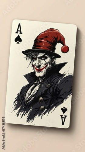 Sinister joker on the ace of spades card stares with haunting clown makeup and a red jester hat.