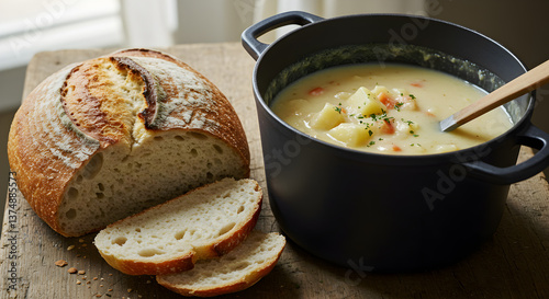 Hearty potato soup in black pot served with crusty sourdough bread