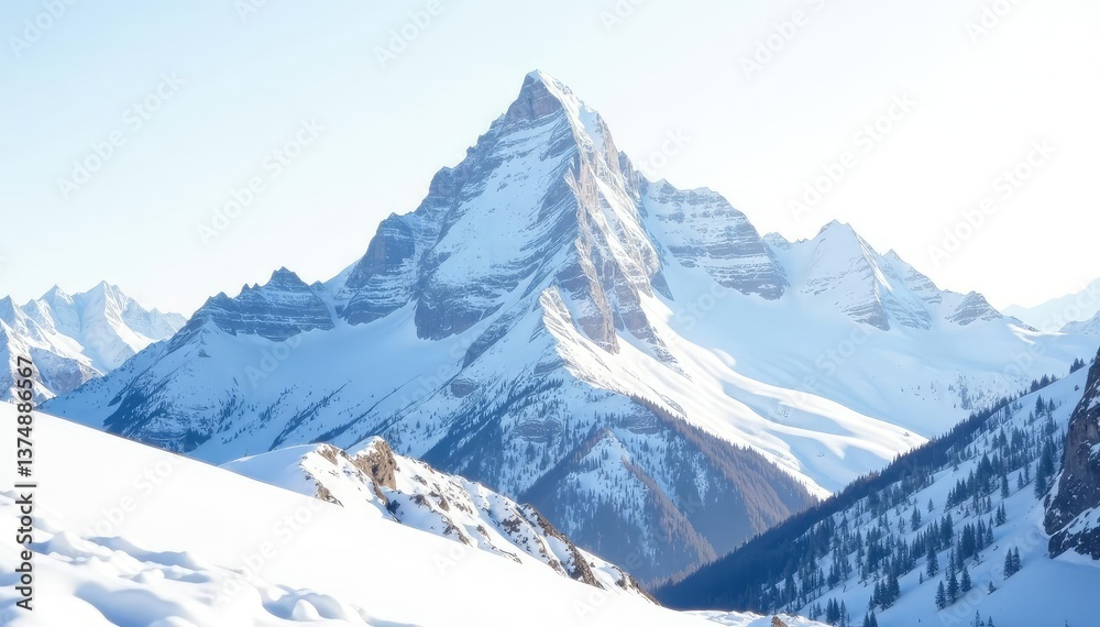 Obraz premium Snow-covered mountain peak, pristine white backdrop, photography, snowy