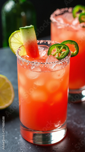Obraz na płótnie Spicy golden watermelon margarita cocktail isolated on transparent background, perfect for Mexican restaurant menus, summer party promotions, and cocktail recipe blogs keywords: spicy, golden, w salonie